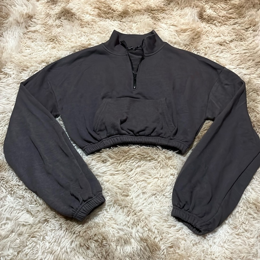 Boohoo Charcoal Cropped Half-Zip Sweater